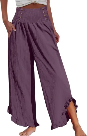 Women Linen Palazzo Pants 2025 Summer High Waisted Wide Leg Pant Pleated Beach Travel Trousers with Pockets