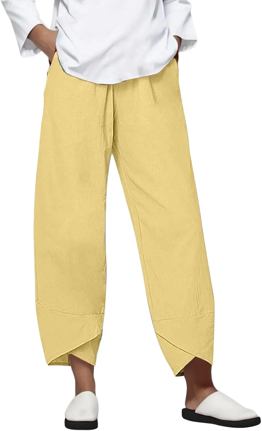 Women Linen Pants Summer Boho Wide Leg High Waist Pants Drawstring Loose Fit Women's Cotton Linen Leggings with Pockets
