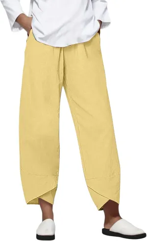 Women Linen Pants Summer Boho Wide Leg High Waist Pants Drawstring Loose Fit Women's Cotton Linen Leggings with Pockets