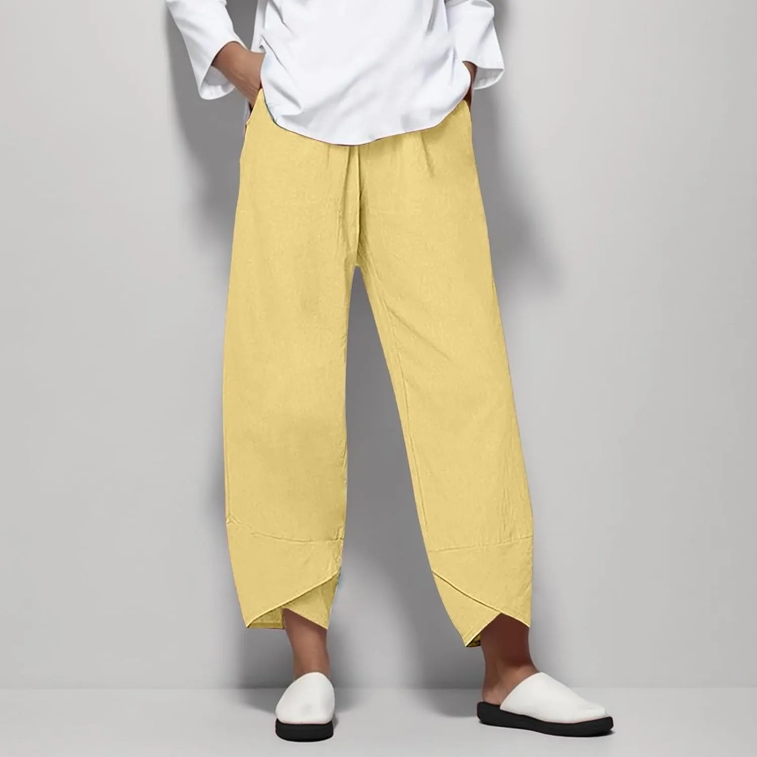 Women Linen Pants Summer Boho Wide Leg High Waist Pants Drawstring Loose Fit Women's Cotton Linen Leggings with Pockets