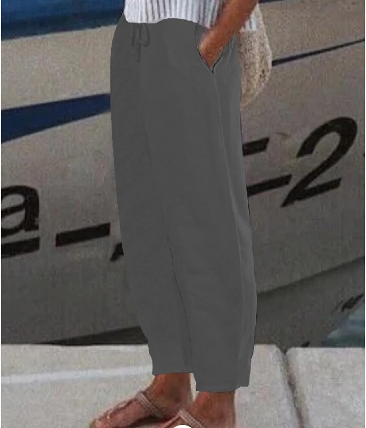 Women Linen Summer Capri Pants 2025 Casual Trendy Solid Wide Leg Elastic Waist Cropped Trousers Comfy Beachwear Pants