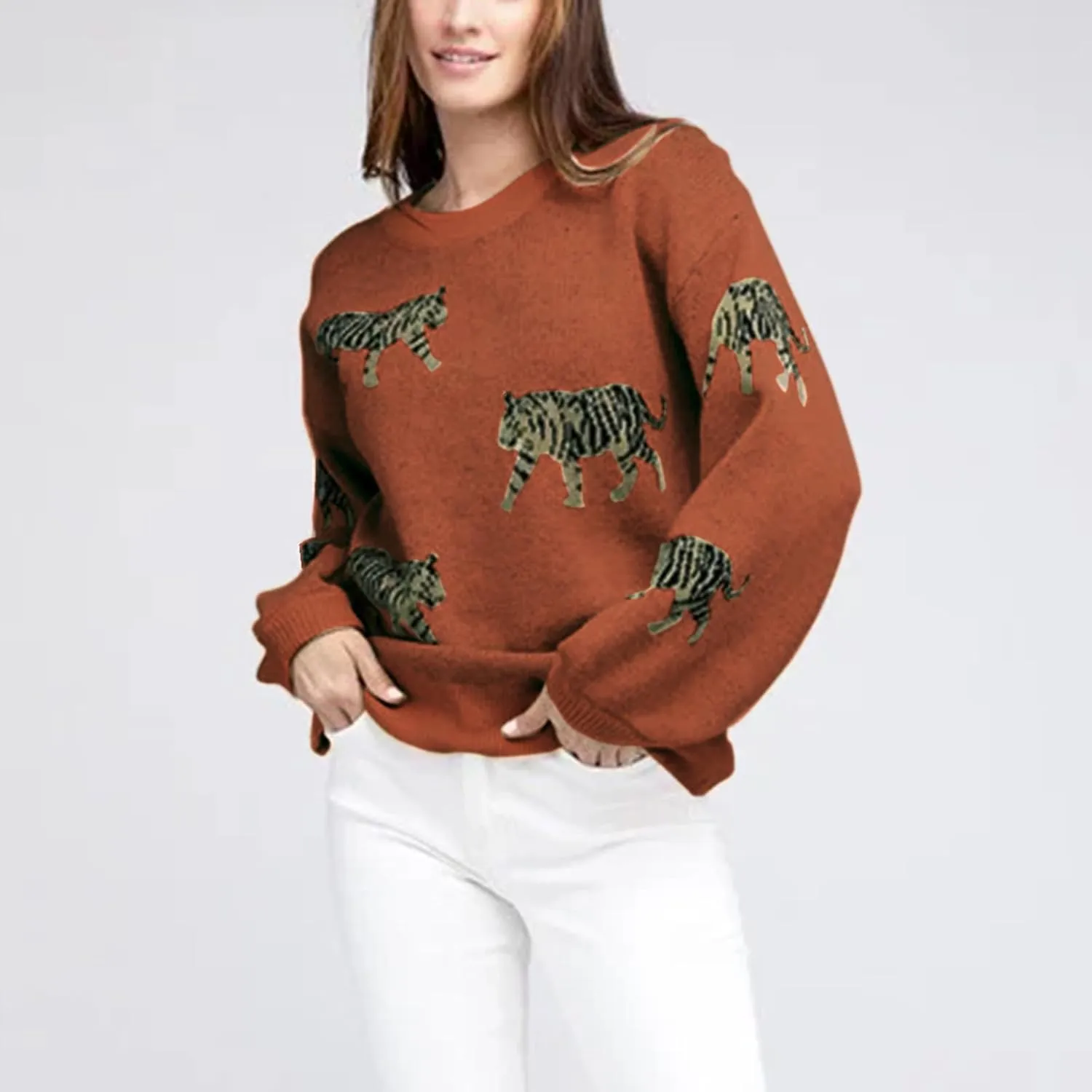 Women Oversized Knit Sweater Tiger Print Long Sleeve Pullover Tops Aesthetic Clothes Streetwear Knitwear