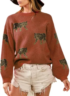 Women Oversized Knit Sweater Tiger Print Long Sleeve Pullover Tops Aesthetic Clothes Streetwear Knitwear