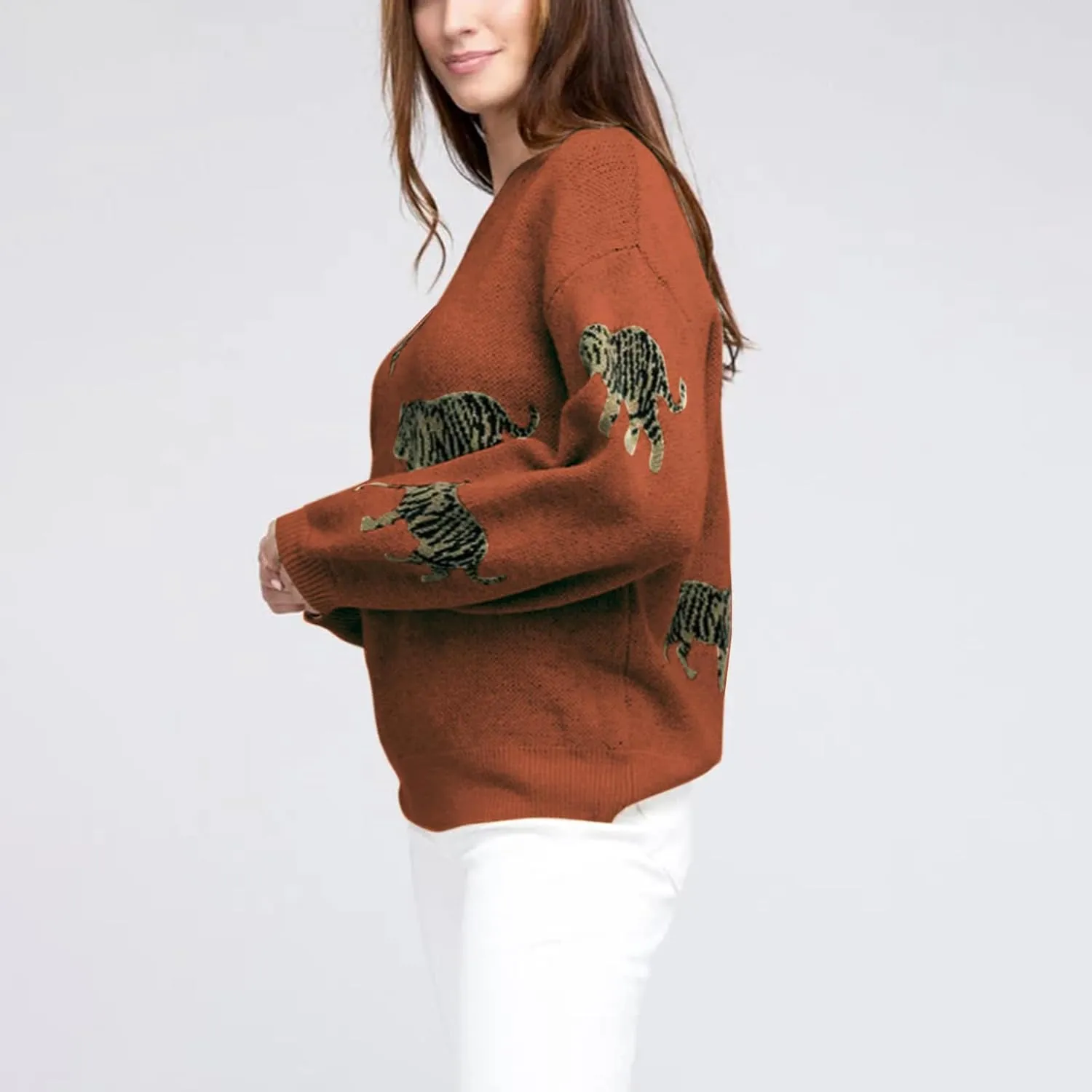 Women Oversized Knit Sweater Tiger Print Long Sleeve Pullover Tops Aesthetic Clothes Streetwear Knitwear