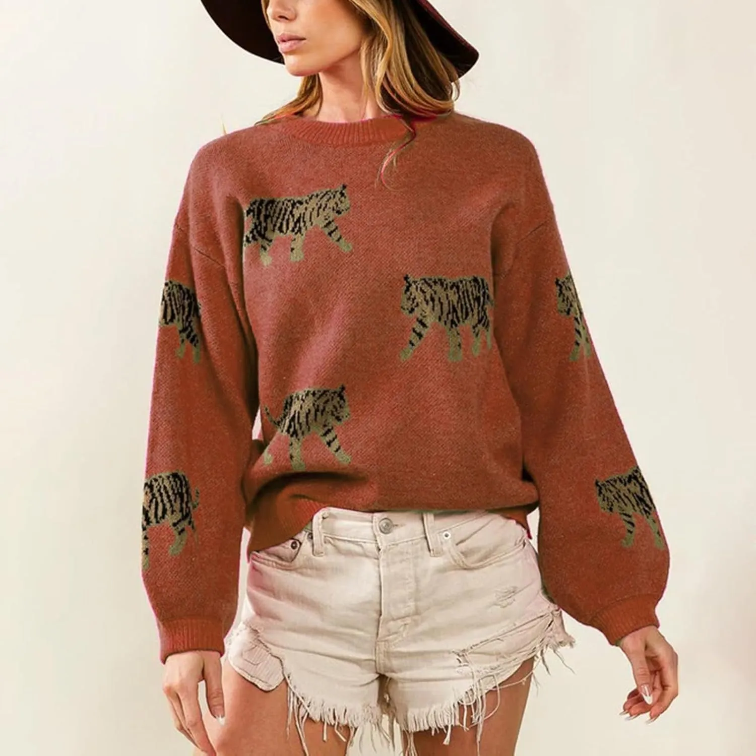 Women Oversized Knit Sweater Tiger Print Long Sleeve Pullover Tops Aesthetic Clothes Streetwear Knitwear