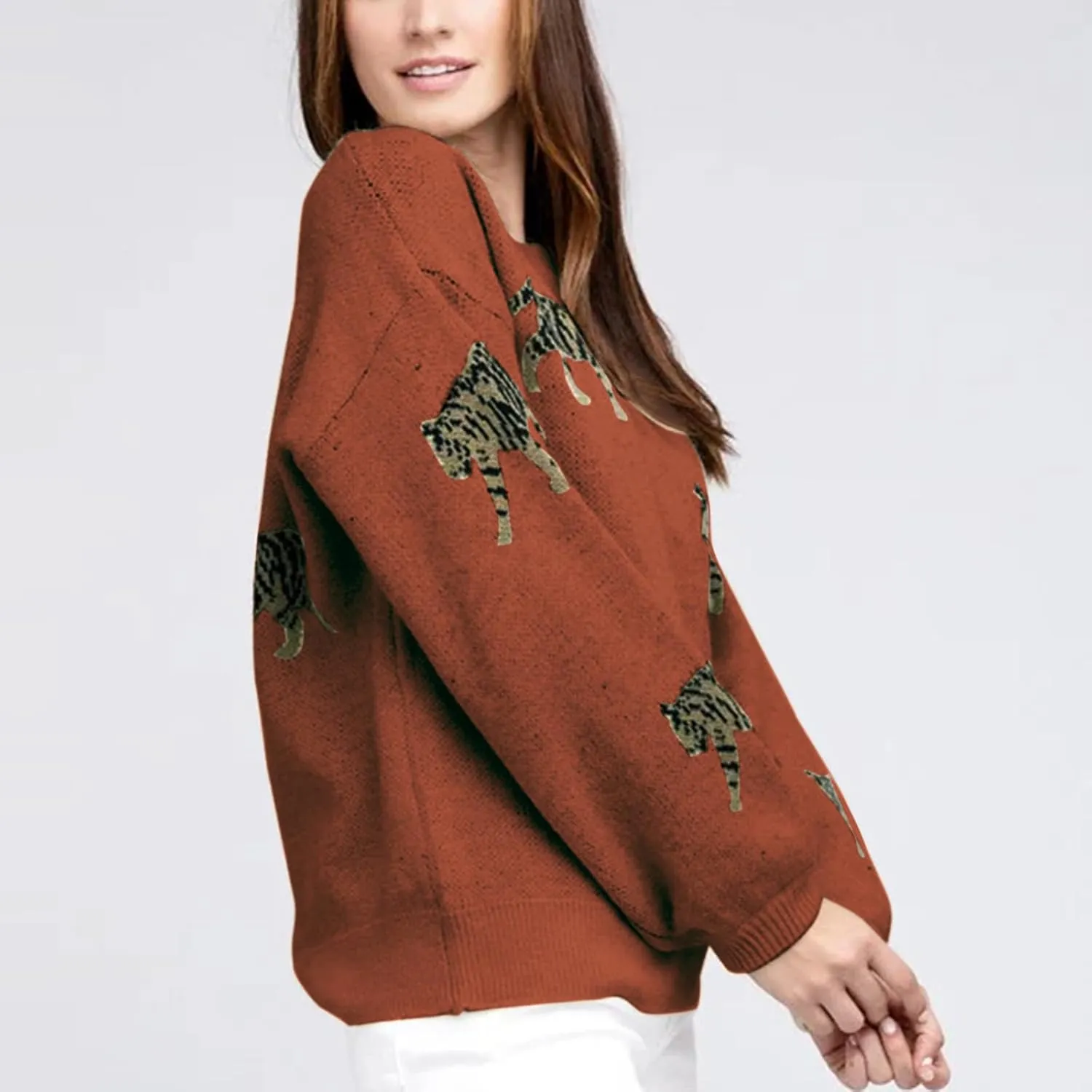 Women Oversized Knit Sweater Tiger Print Long Sleeve Pullover Tops Aesthetic Clothes Streetwear Knitwear