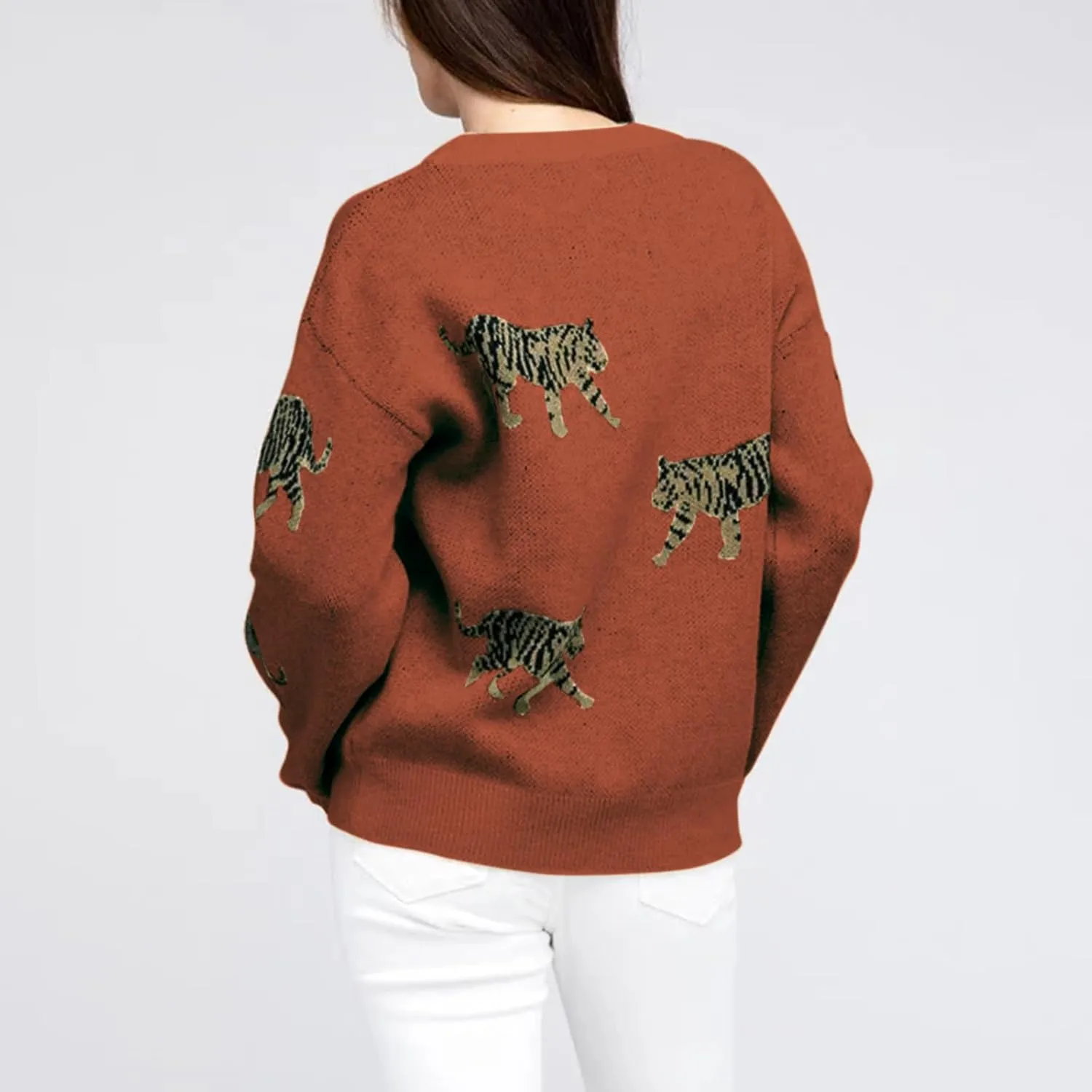 Women Oversized Knit Sweater Tiger Print Long Sleeve Pullover Tops Aesthetic Clothes Streetwear Knitwear