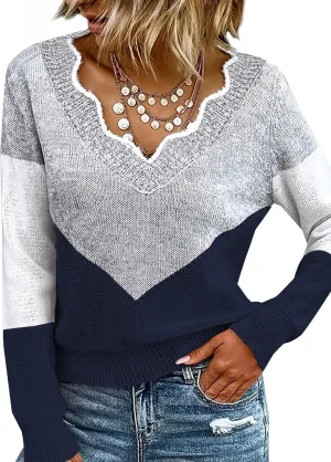 Women Spring Color Block V Neck Knit Pullover Long Sleeve Sexy Casual Soft Sweaters Tops