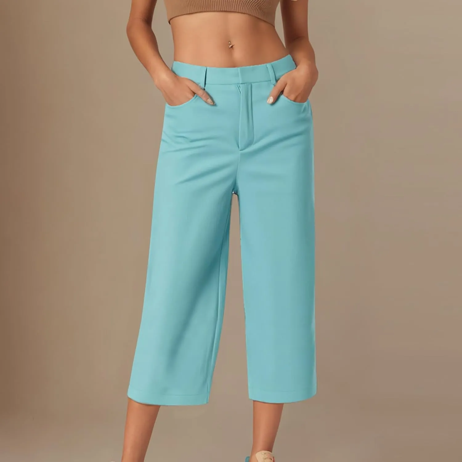 Women Straight Leg Dress Pants Summer Business Casual Work Capri Pant High Waist Stretchy Trousers Loose Office Slacks Bottom