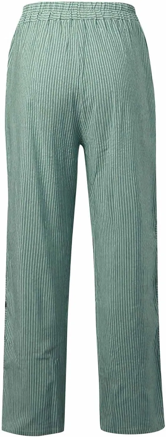 Women Summer Casual Linen Pants Straight Leg Elastic Waist Pockets Cropped Pants, Small-5X-Large, Beige
