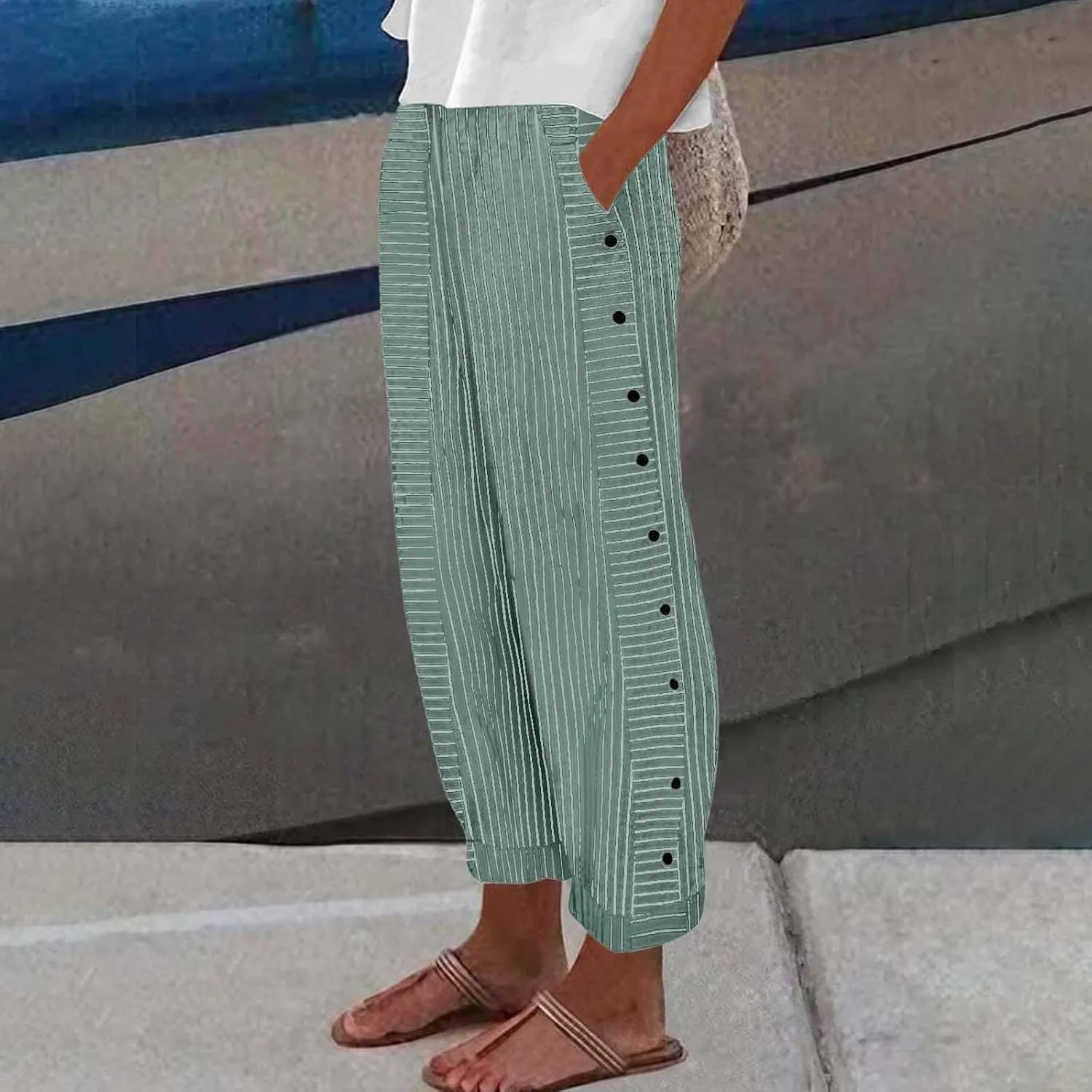 Women Summer Casual Linen Pants Straight Leg Elastic Waist Pockets Cropped Pants, Small-5X-Large, Beige