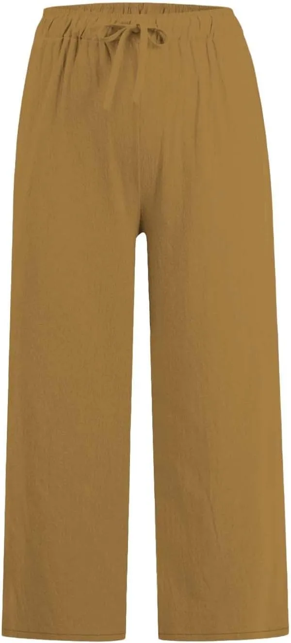 Women Summer Pants 2024 Cotton Linen High Waisted Cropped Pant Drawstring Elastic Casual Trousers with Pockets