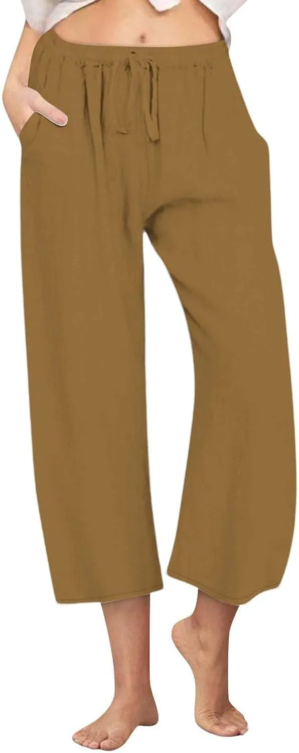 Women Summer Pants 2024 Cotton Linen High Waisted Cropped Pant Drawstring Elastic Casual Trousers with Pockets