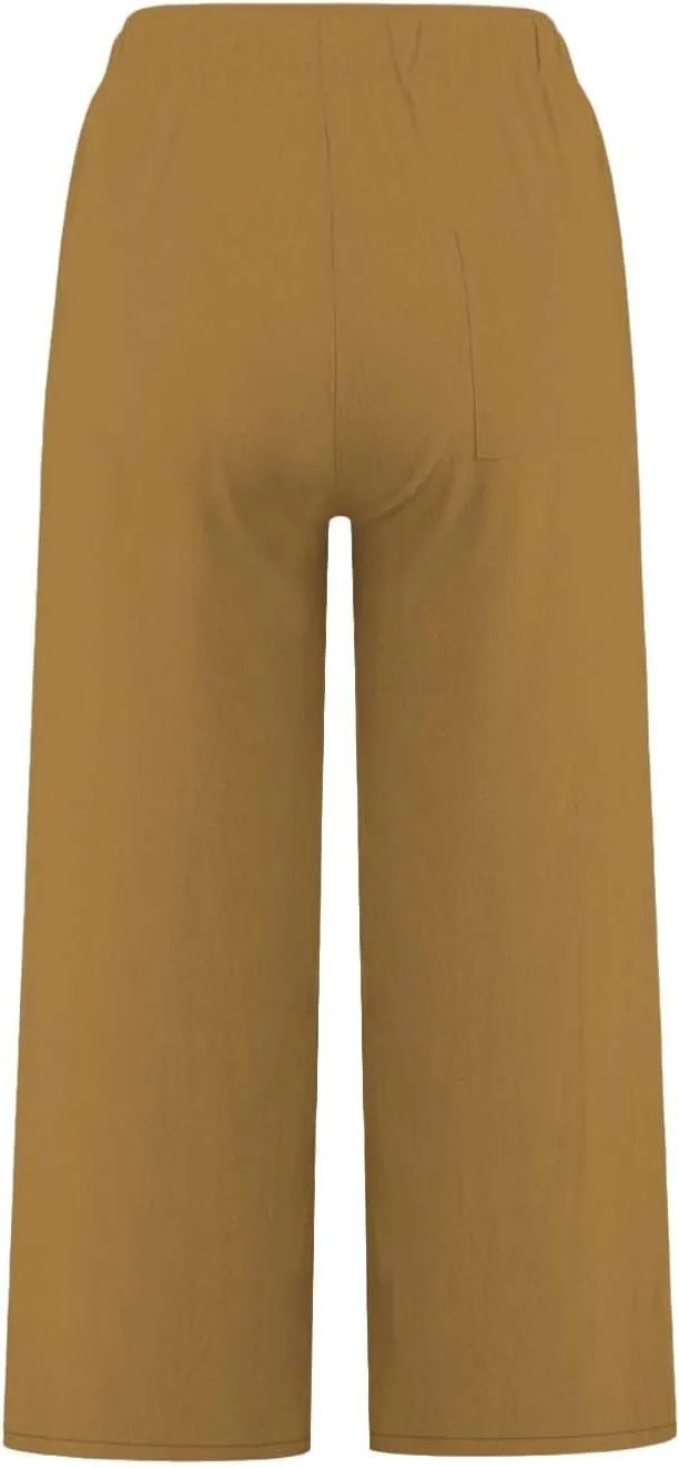 Women Summer Pants 2024 Cotton Linen High Waisted Cropped Pant Drawstring Elastic Casual Trousers with Pockets