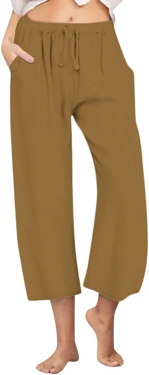 Women Summer Pants 2024 Cotton Linen High Waisted Cropped Pant Drawstring Elastic Casual Trousers with Pockets