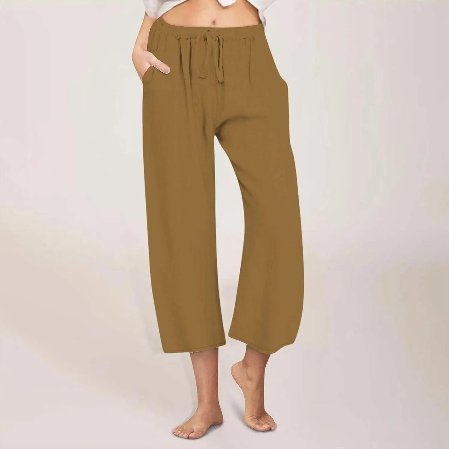 Women Summer Pants 2024 Cotton Linen High Waisted Cropped Pant Drawstring Elastic Casual Trousers with Pockets