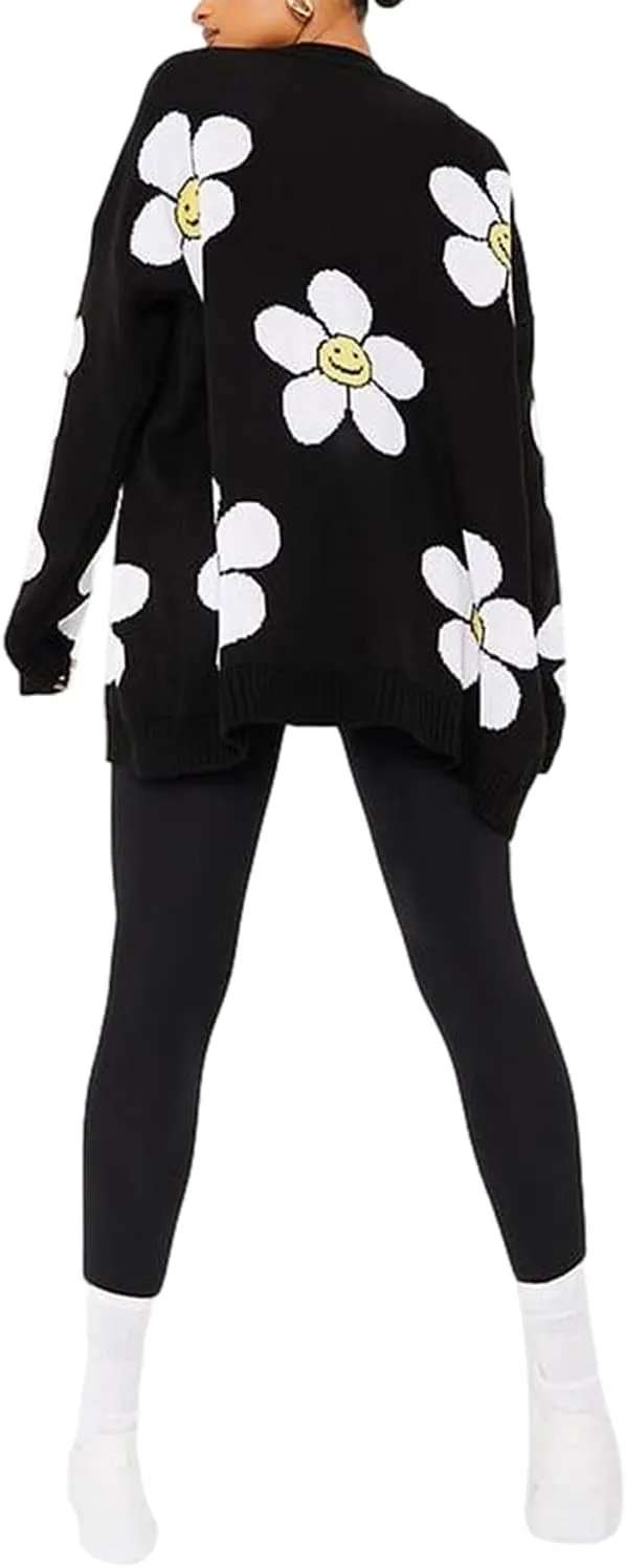 Women Valentines Day Heart Sweater Cardigan Long Sleeve Button Open Front Casual Loose Knit Sweater Outerwear