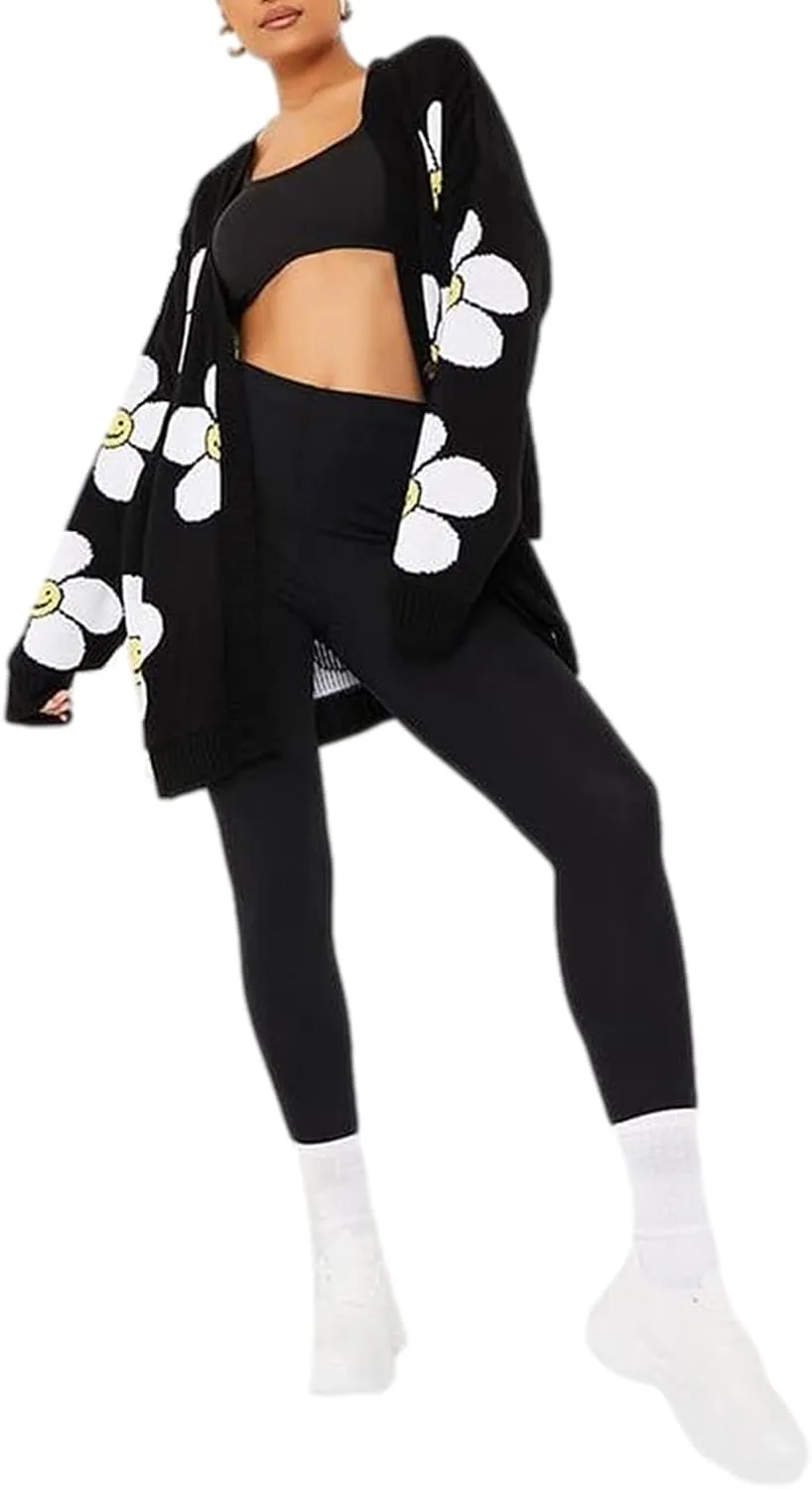 Women Valentines Day Heart Sweater Cardigan Long Sleeve Button Open Front Casual Loose Knit Sweater Outerwear