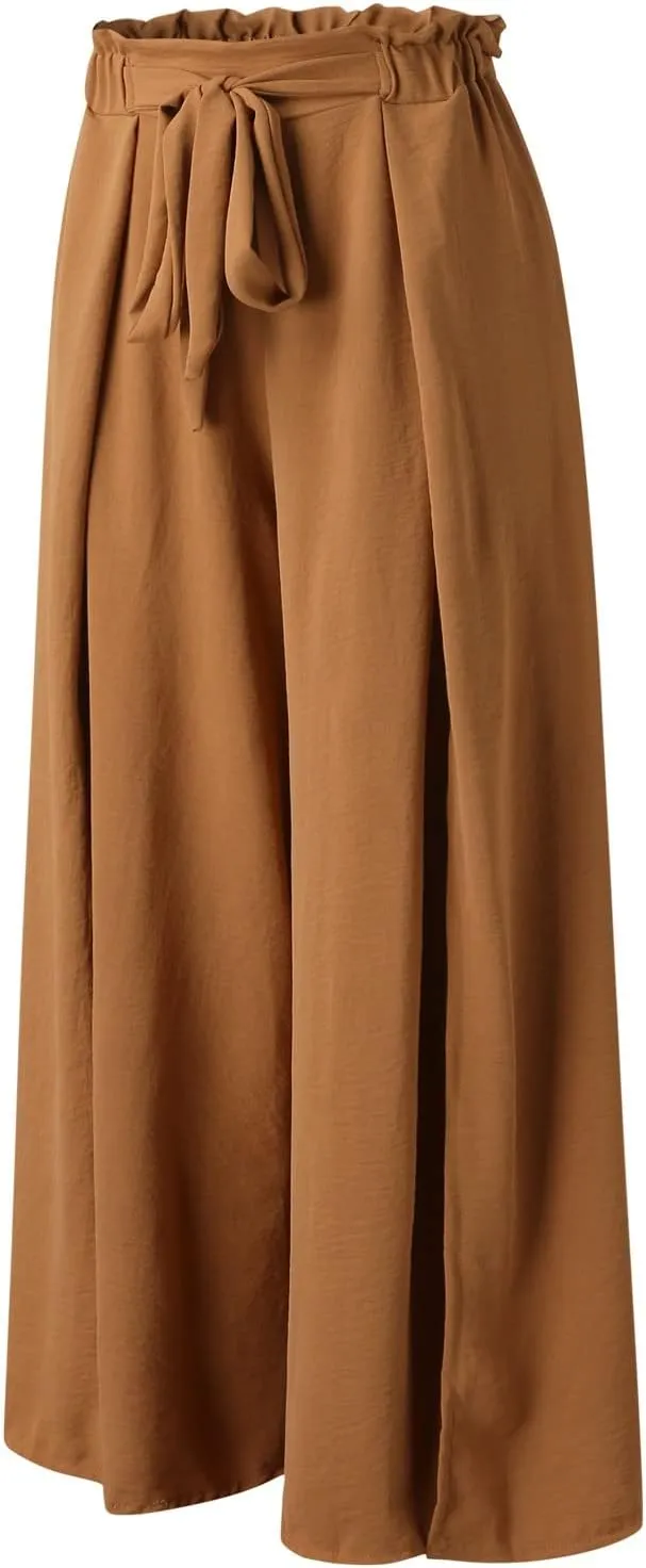 Women Wide Leg Flowy Pants Retro Summer Lightweight Cotton Linen Pants Loose High Waisted Beach Trousers with Pockets