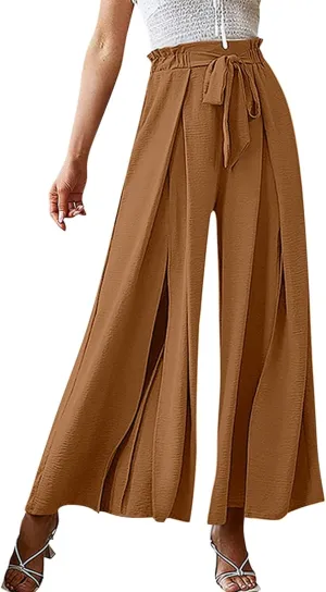 Women Wide Leg Flowy Pants Retro Summer Lightweight Cotton Linen Pants Loose High Waisted Beach Trousers with Pockets