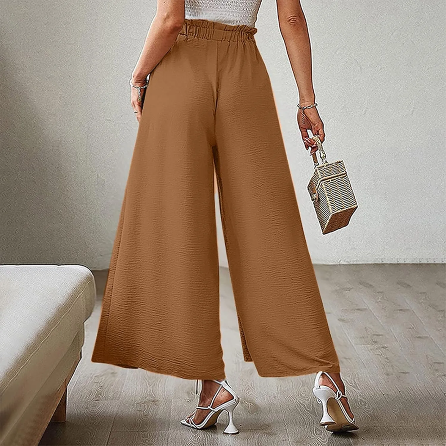 Women Wide Leg Flowy Pants Retro Summer Lightweight Cotton Linen Pants Loose High Waisted Beach Trousers with Pockets