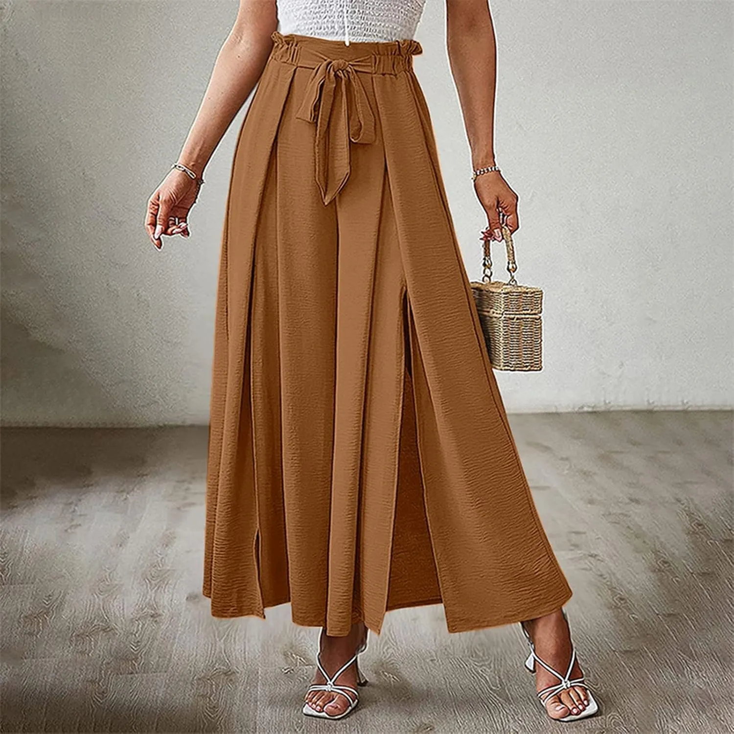 Women Wide Leg Flowy Pants Retro Summer Lightweight Cotton Linen Pants Loose High Waisted Beach Trousers with Pockets