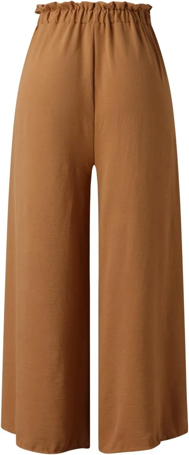 Women Wide Leg Flowy Pants Retro Summer Lightweight Cotton Linen Pants Loose High Waisted Beach Trousers with Pockets