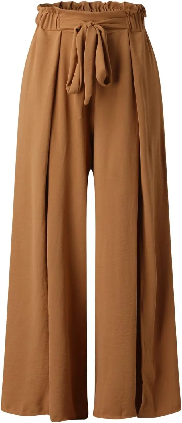 Women Wide Leg Flowy Pants Retro Summer Lightweight Cotton Linen Pants Loose High Waisted Beach Trousers with Pockets