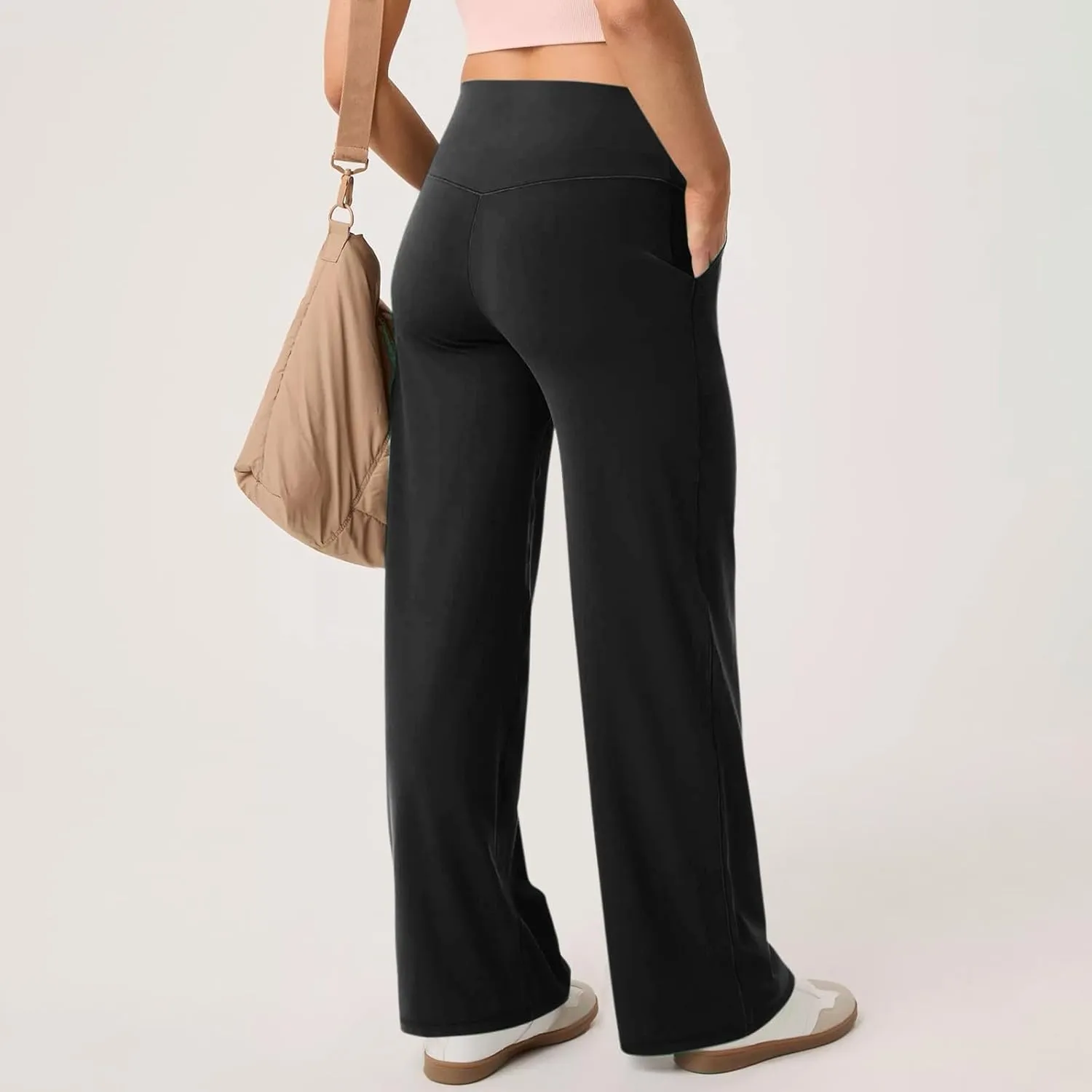 Women Wide Leg Yoga Pants Stretch High Waist Straight Leg Dress Pants Tummy Control Sports Flare Leggings with Pocket