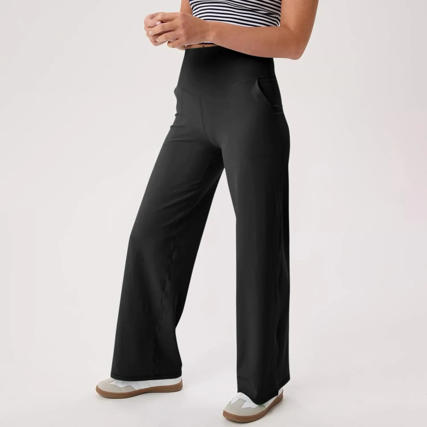 Women Wide Leg Yoga Pants Stretch High Waist Straight Leg Dress Pants Tummy Control Sports Flare Leggings with Pocket