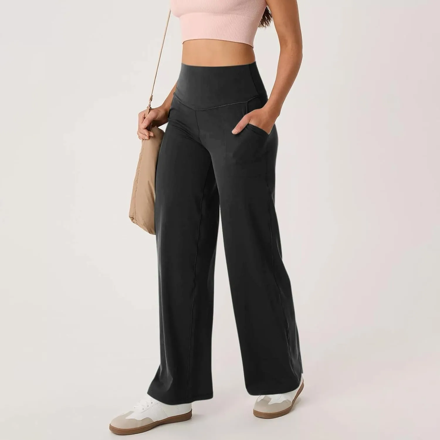 Women Wide Leg Yoga Pants Stretch High Waist Straight Leg Dress Pants Tummy Control Sports Flare Leggings with Pocket