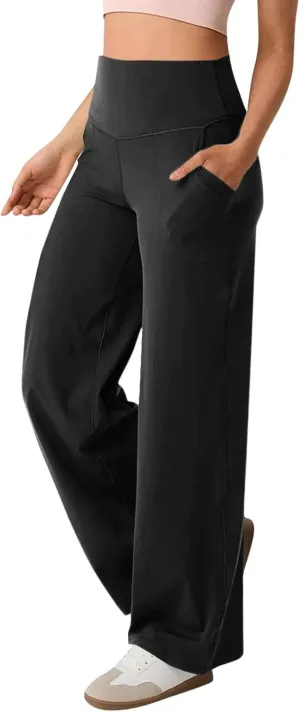 Women Wide Leg Yoga Pants Stretch High Waist Straight Leg Dress Pants Tummy Control Sports Flare Leggings with Pocket