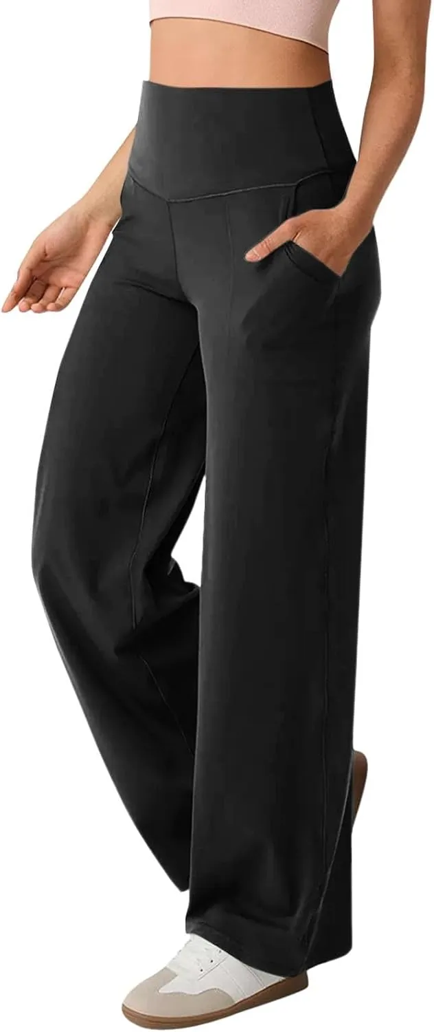 Women Wide Leg Yoga Pants Stretch High Waist Straight Leg Dress Pants Tummy Control Sports Flare Leggings with Pocket