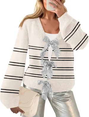 Womens 2024 Fall Winter Bow Knot Cardigan Sweater Long Sleeve Open Front V Neck Chunky Knit Cardigan Coats