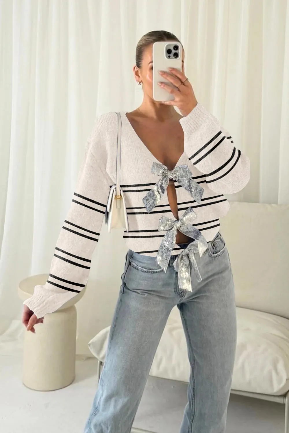 Womens 2024 Fall Winter Bow Knot Cardigan Sweater Long Sleeve Open Front V Neck Chunky Knit Cardigan Coats