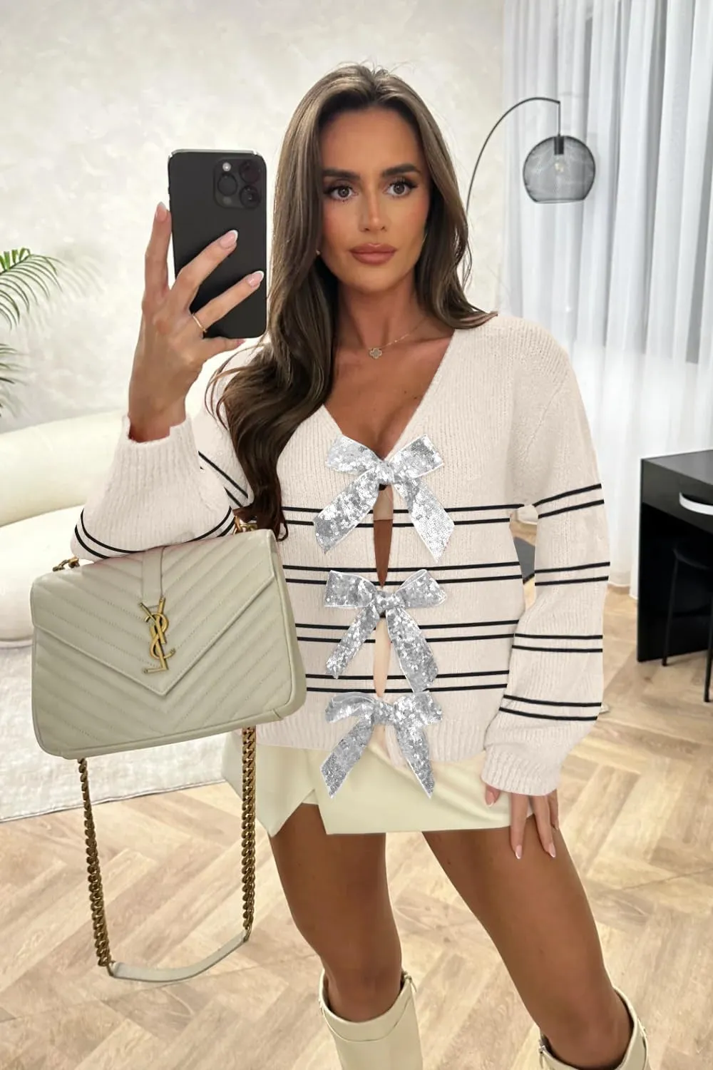 Womens 2024 Fall Winter Bow Knot Cardigan Sweater Long Sleeve Open Front V Neck Chunky Knit Cardigan Coats