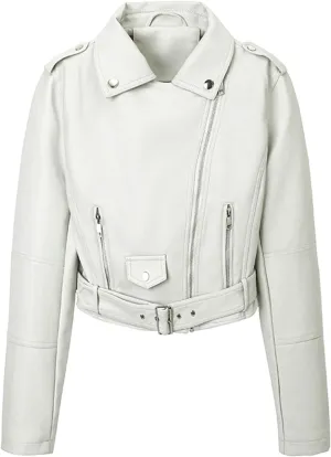 Women's Belted Faux Leather Moto Jacket Spring Fall Clothes Trendy Motorcycle Biker Coat Fashion PU Jacket Coats