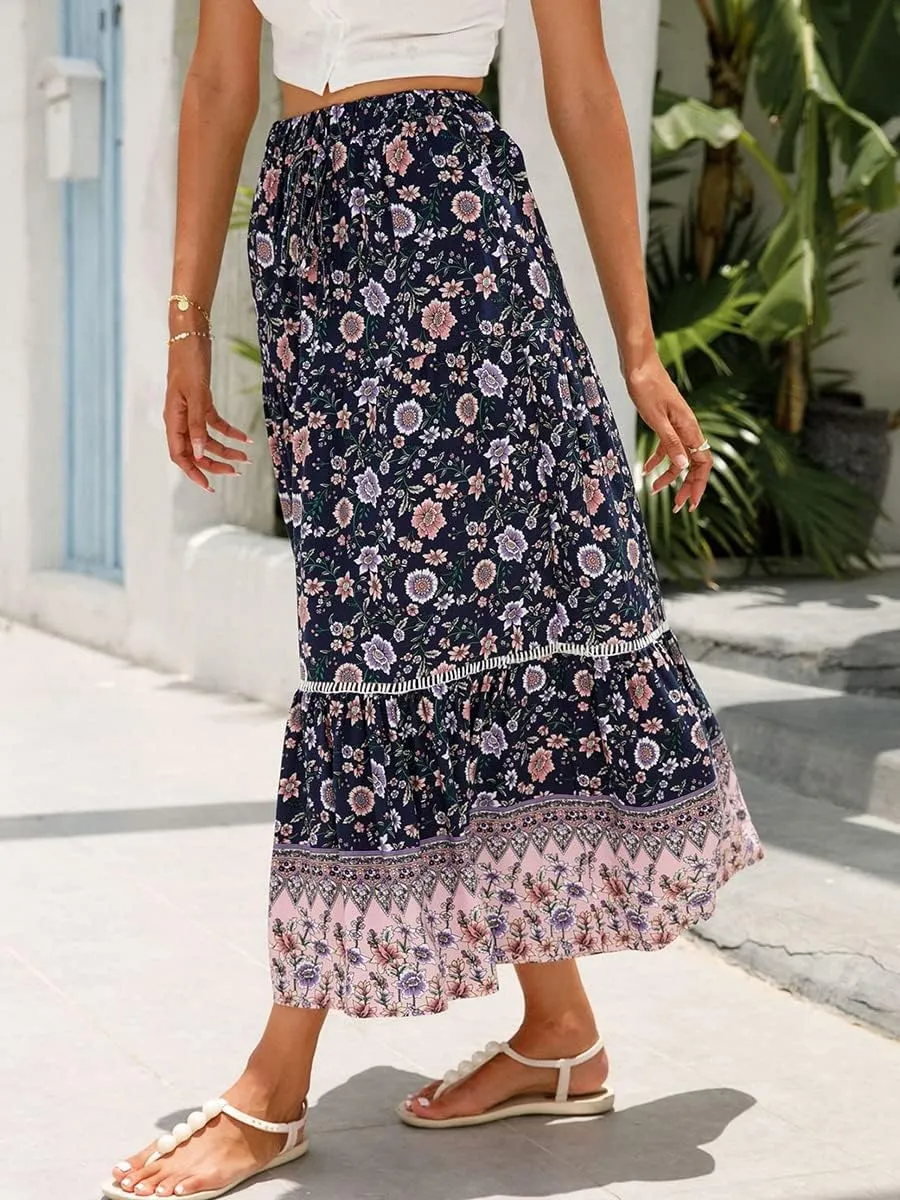 Women's Bohemian Maxi Skirts Boho Floral Tiered Skirt Casual High Waist Ruffle A-Line Flowy Swing Beach Long Skirts
