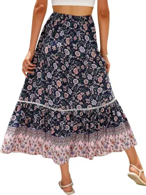 Women's Bohemian Maxi Skirts Boho Floral Tiered Skirt Casual High Waist Ruffle A-Line Flowy Swing Beach Long Skirts
