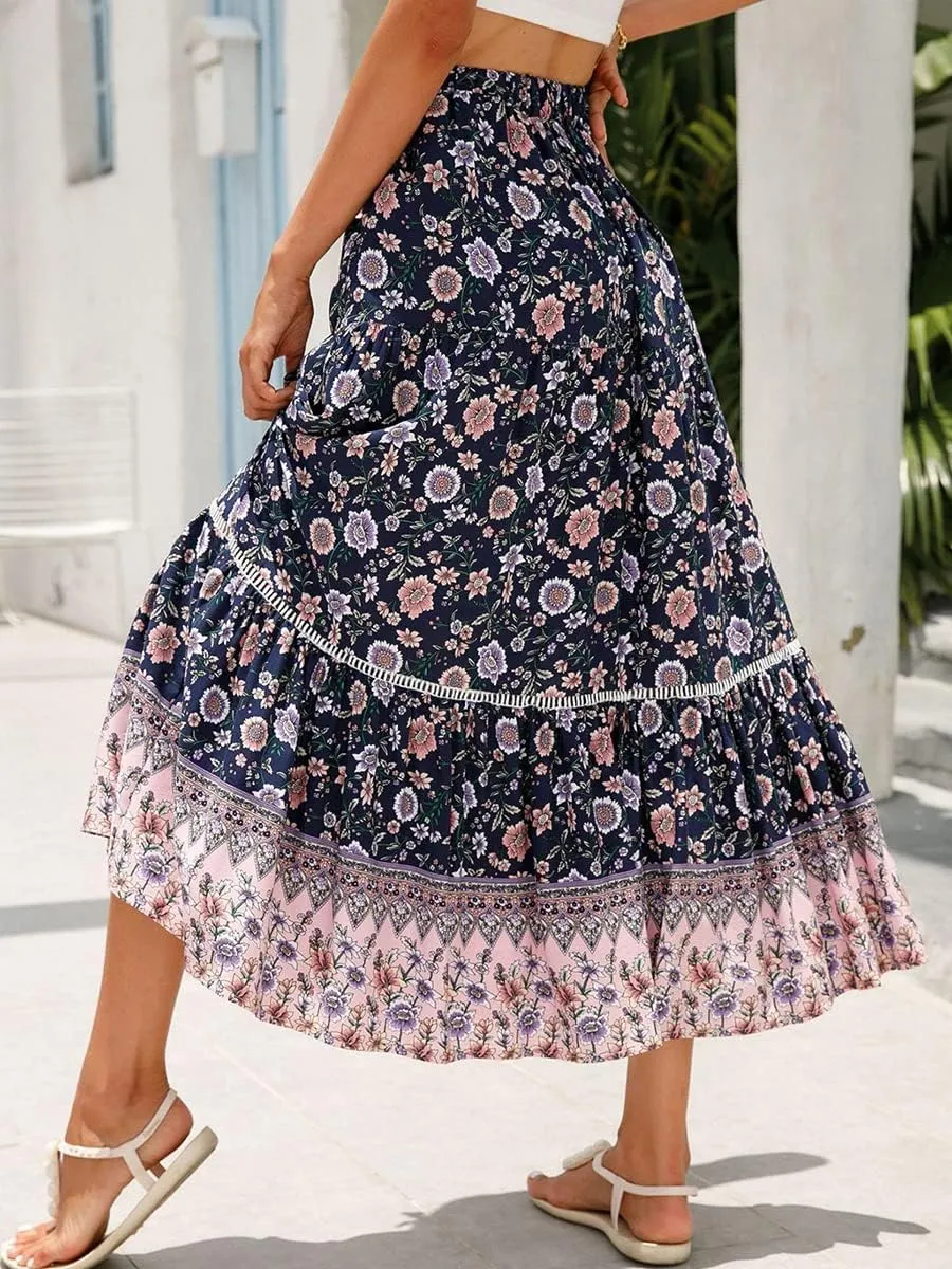 Women's Bohemian Maxi Skirts Boho Floral Tiered Skirt Casual High Waist Ruffle A-Line Flowy Swing Beach Long Skirts