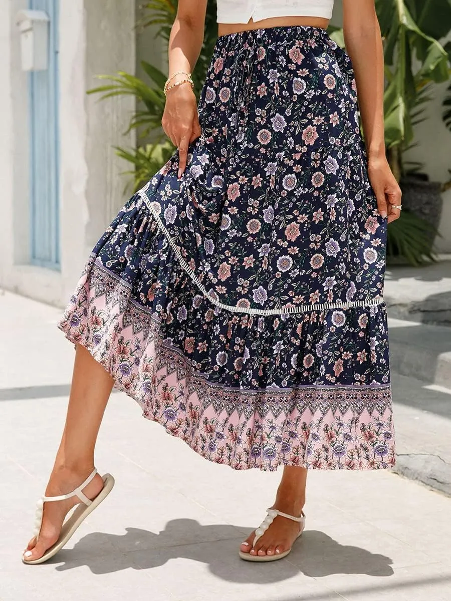 Women's Bohemian Maxi Skirts Boho Floral Tiered Skirt Casual High Waist Ruffle A-Line Flowy Swing Beach Long Skirts