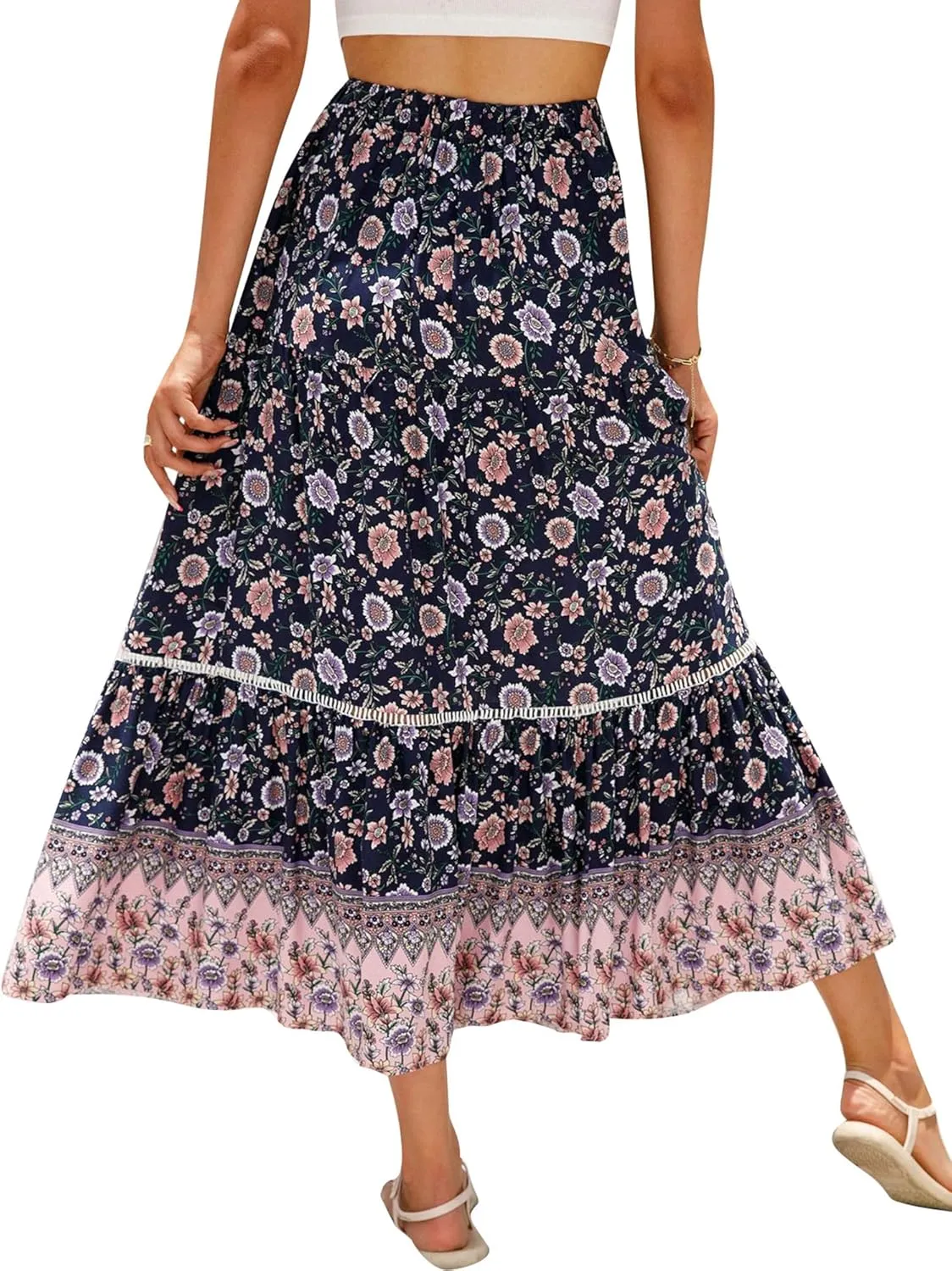 Women's Bohemian Maxi Skirts Boho Floral Tiered Skirt Casual High Waist Ruffle A-Line Flowy Swing Beach Long Skirts