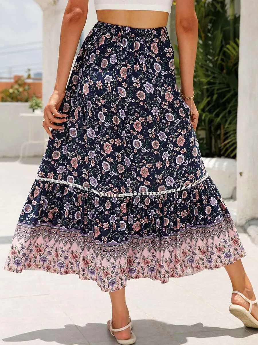 Women's Bohemian Maxi Skirts Boho Floral Tiered Skirt Casual High Waist Ruffle A-Line Flowy Swing Beach Long Skirts