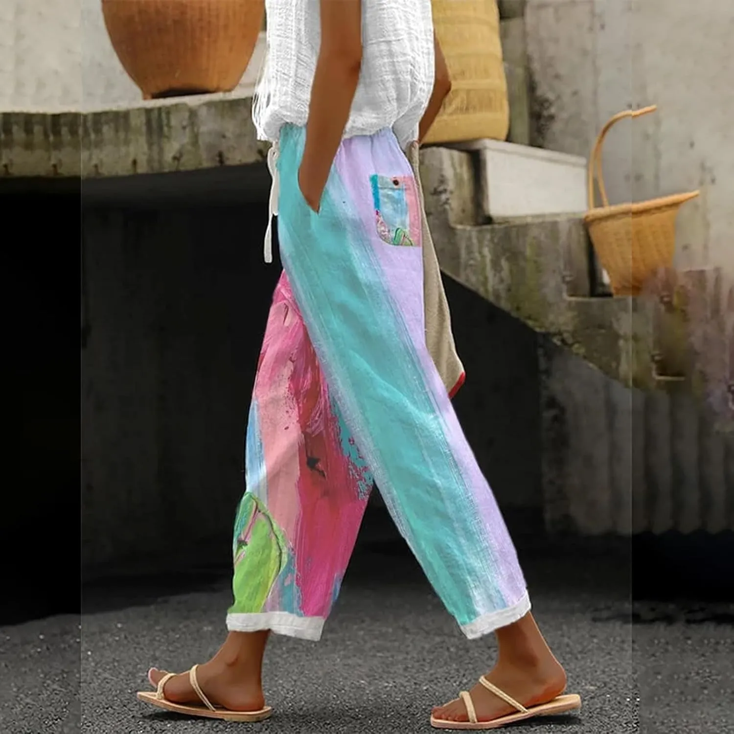 Women's Boho Floral Print Cotton Linen Casual Pants Summer High Waisted Baggy Beach Trousers with Pockets Plus Size