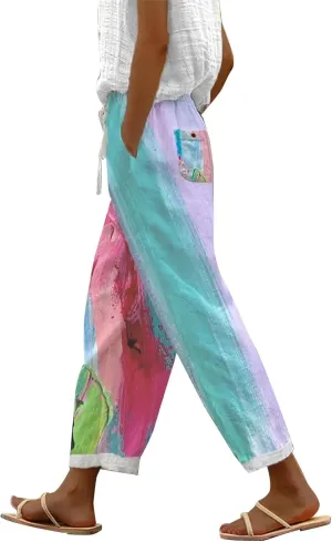 Women's Boho Floral Print Cotton Linen Casual Pants Summer High Waisted Baggy Beach Trousers with Pockets Plus Size
