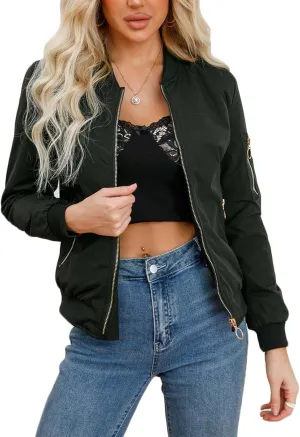 Women's Bomber Jacket Lightweight Varsity Zip Up Coat Casual Long Sleeve Windbreaker