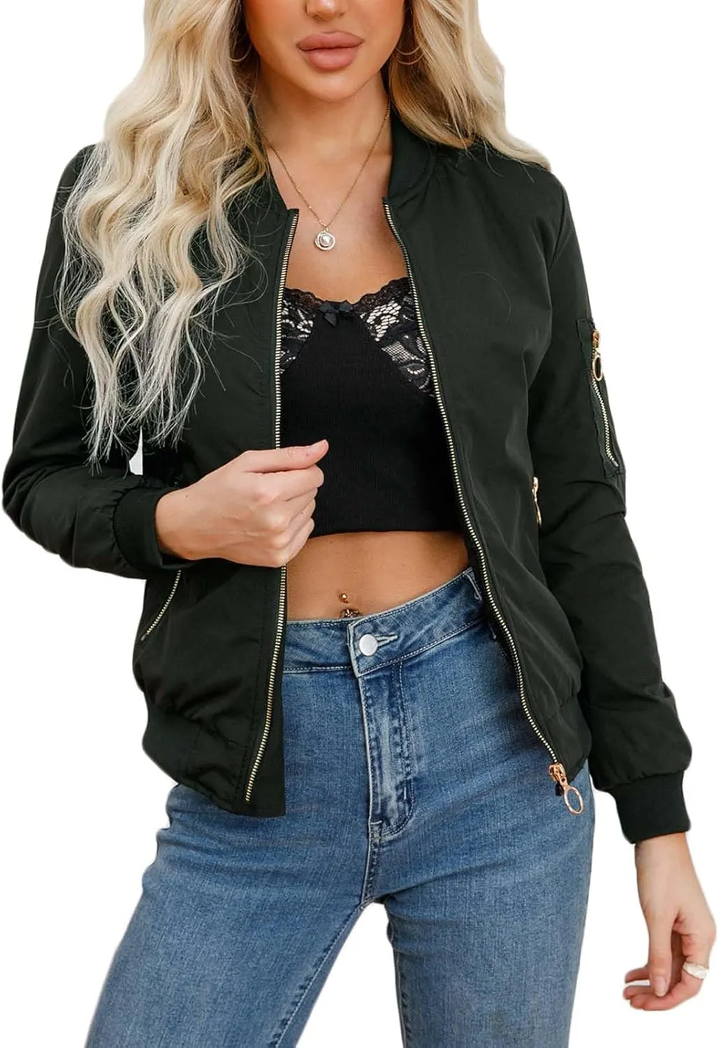 Women's Bomber Jacket Lightweight Varsity Zip Up Coat Casual Long Sleeve Windbreaker
