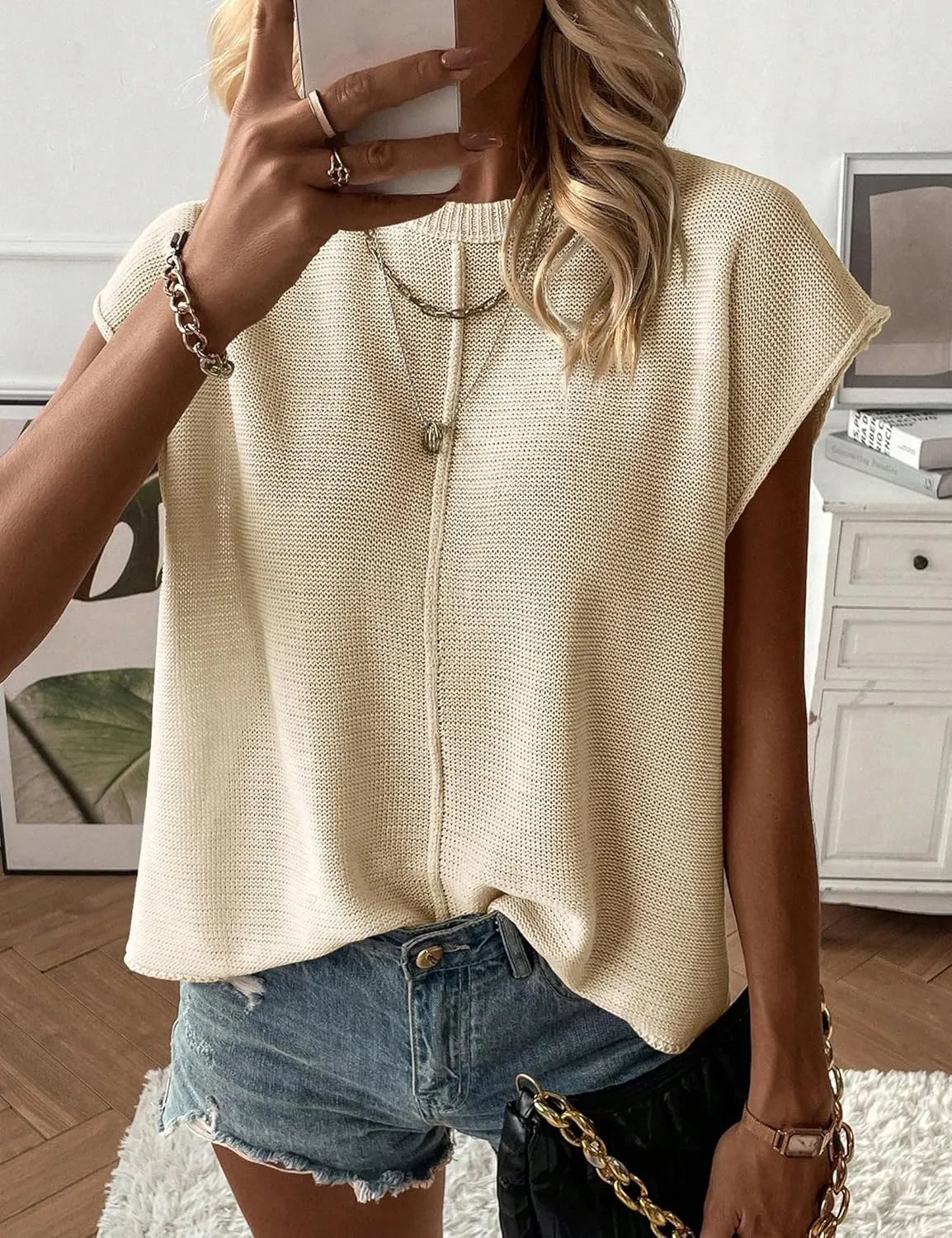 Womens Cap Sleeve Sweater Vest Crew Neck Knit Sleeveless Tank Tops Casual Lightweight Pullover Sweaters