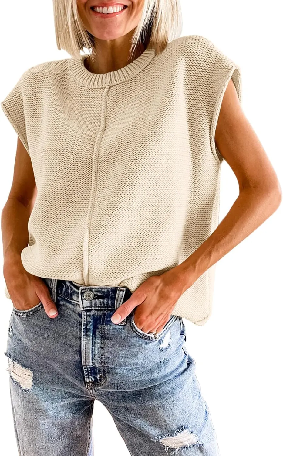 Womens Cap Sleeve Sweater Vest Crew Neck Knit Sleeveless Tank Tops Casual Lightweight Pullover Sweaters