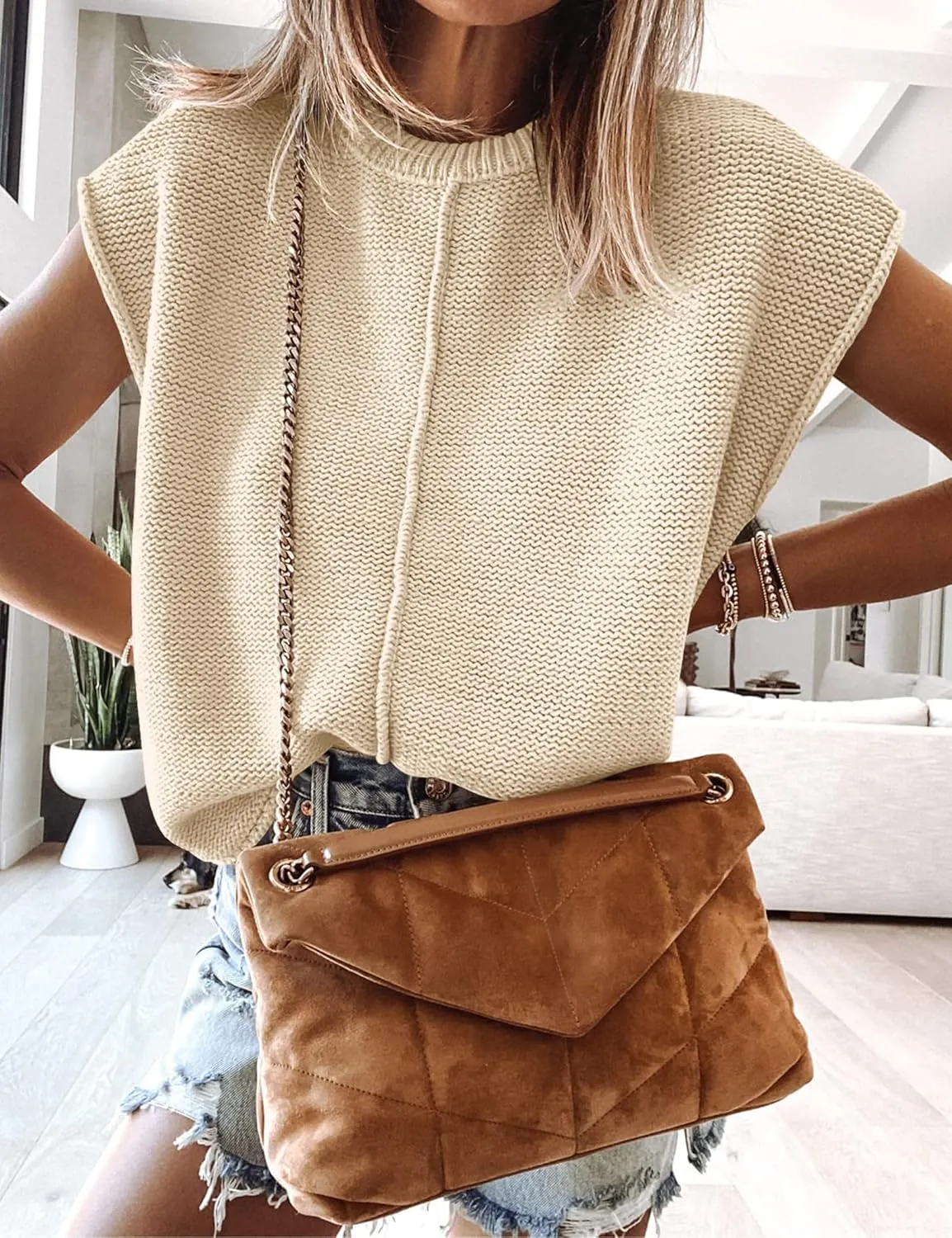 Womens Cap Sleeve Sweater Vest Crew Neck Knit Sleeveless Tank Tops Casual Lightweight Pullover Sweaters